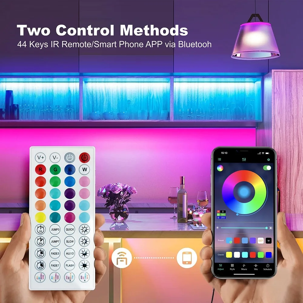 RGB USB LED Strip APP Control with 44 Key Remote Control Music Sync Suitable for Living Room, Kitchen, Esports Decoration Night