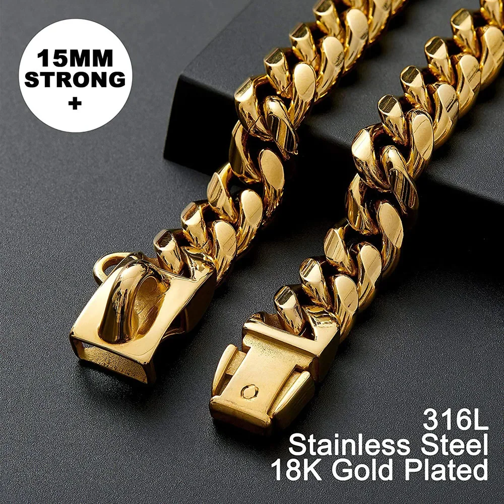 Coleira de cão de aço inoxidável com fivela de segurança, Strong Cuban Link Chain, Training Collar, Colar Dog, Walking Collar, 15mm