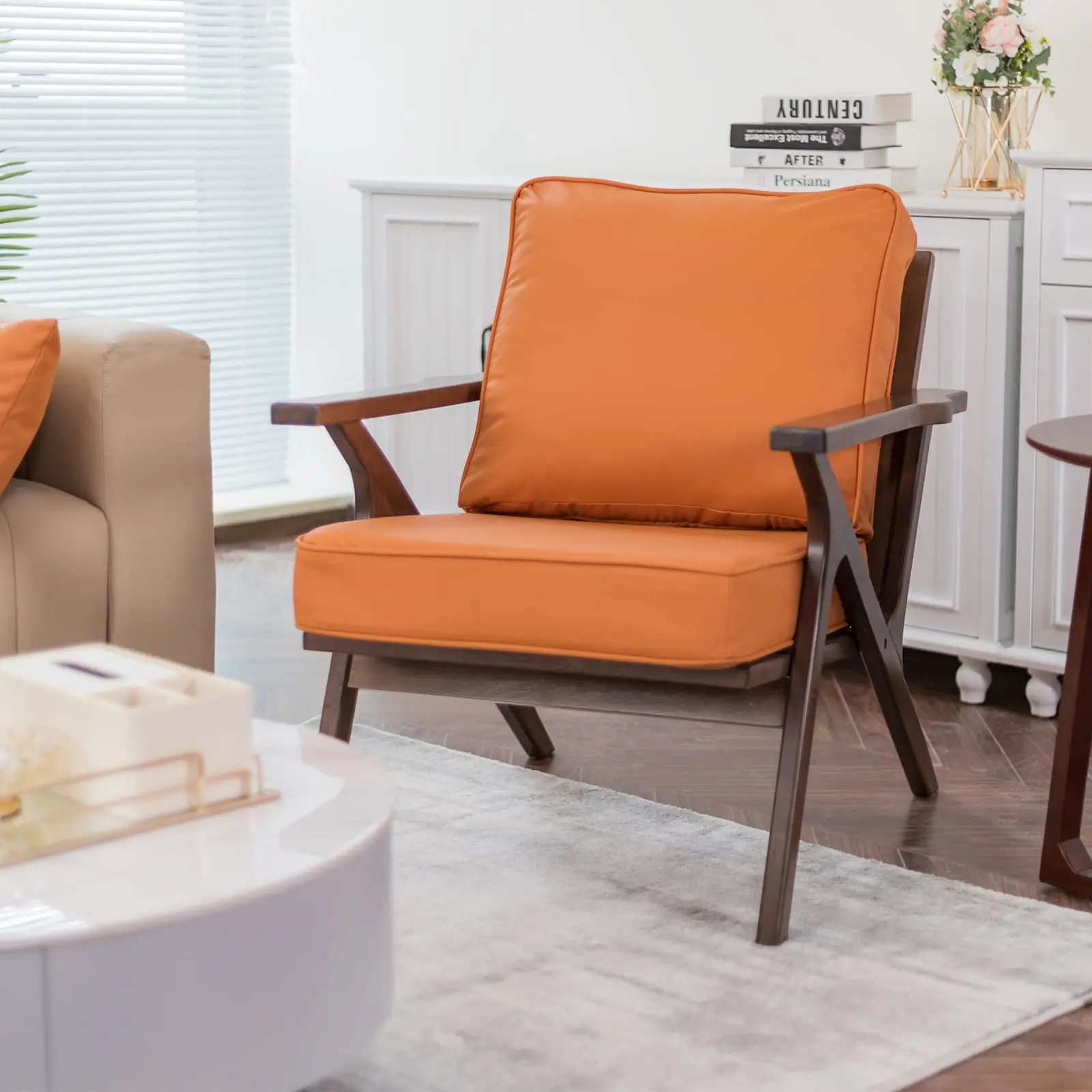 

Mid Century Wood Frame Modern Accent Chair Comfy Leather Upholstered Armchair with Removable Cushions