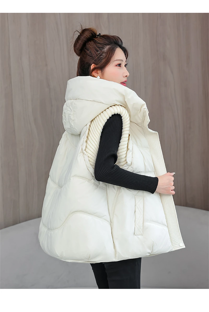 A-word Vest Down Cotton Padded Jackets Short Waistcoat Mid-Length Slim Hooded Autumn Winter Jackets Solid Women's Coats Trend