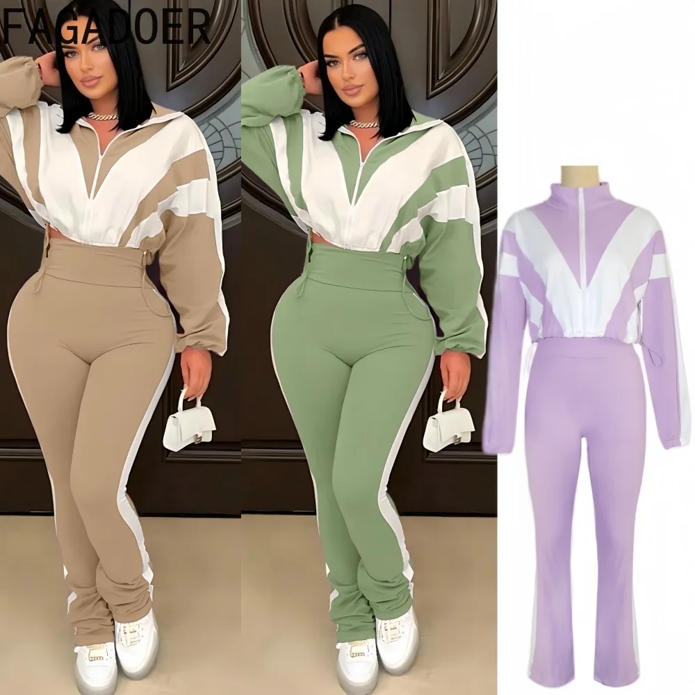 

FAGADOER Casual Sports Two Piece Outfits Woman Color Block Long Sleeves and Pants Tracksuit Female Streetwear Summer New 2025