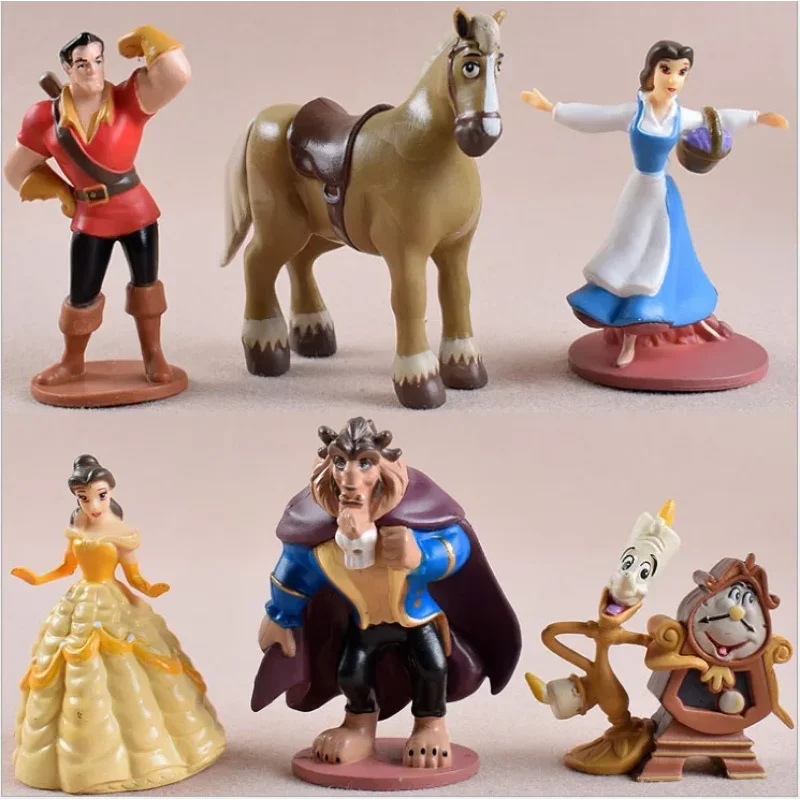 Schattige Disney Princess cartoonfigurencollectie - Belle en beest 6-delige poseable poppenset, geanimeerd decorgeschenk voor kinderen