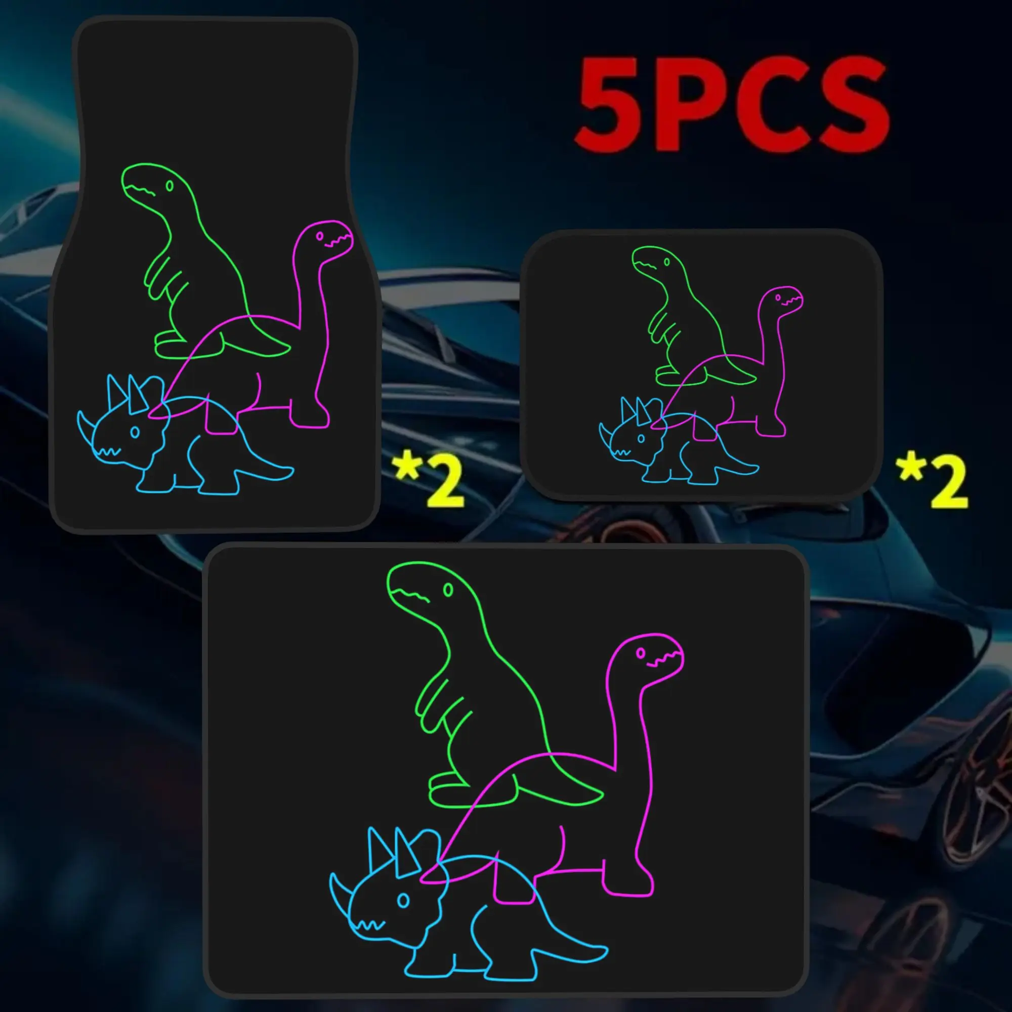 2D Flat 5pcs Dinosaur Print 4pcs Car Floor Mats And 1pc Car Trunk Mat Set, Stylish Vehicle Additions, Perfect Gift For Halloween