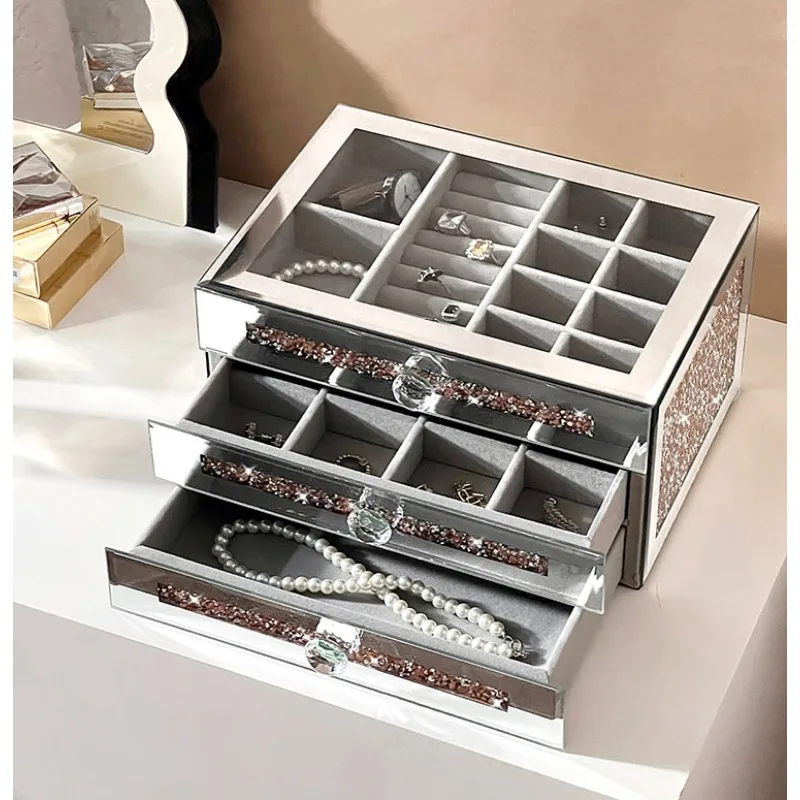 High End Exquisite Glass Jewelry Storage Box, Diamond Inlaid Multi-layer Large Capacity High-end Jewelry Box