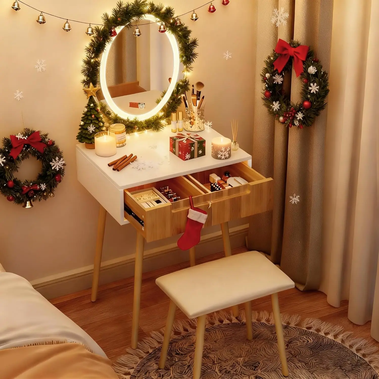 Natural Oak Small Wooden Vanity Desk with Mirror, Lights, Cushioned Stool and Upgraded Silent Slides for Small Spaces