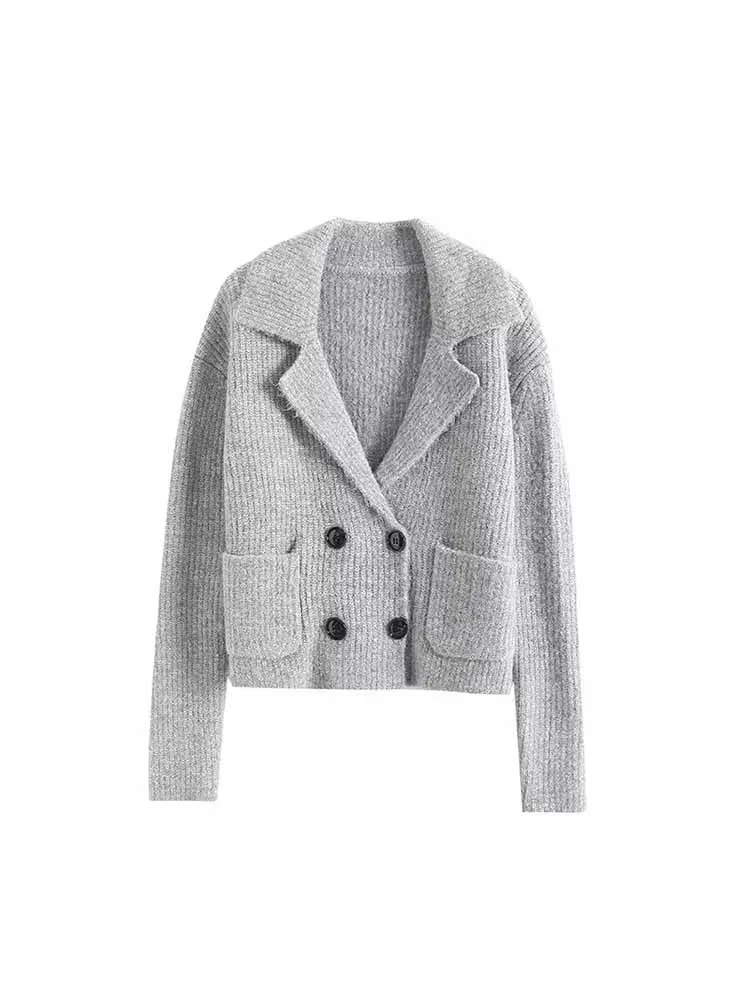 

Women 2023 New Fashion commuting style Double Breasted Loose Knitted Cardigan Long Sleeve Pockets Female Outerwear Chic Tops