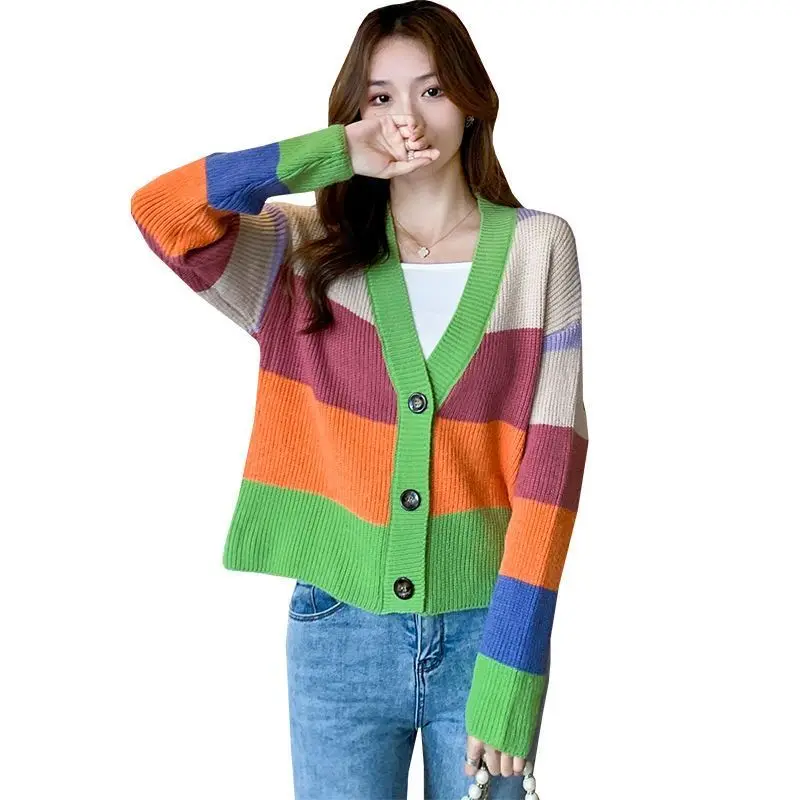 

Весенне-осенний модный свитер с v-образным вырезом и длинными рукавами, женский уличный полосатый кардиган на пуговицах контрастного цвета, элегантные универсальные топы