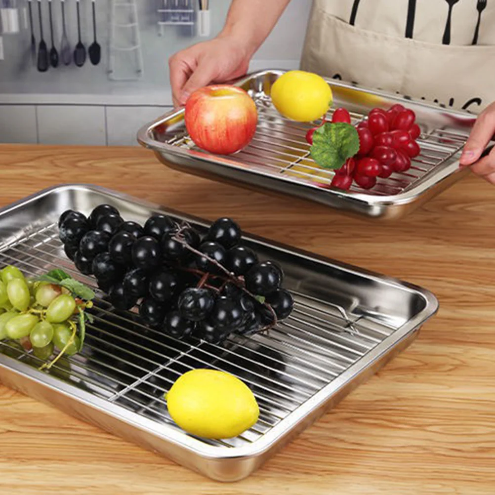 

Stainless Steel Grill Plate 32x22x2cm Mesh Rack Baking BBQ Oil Draining Food Display Pan Cooling Rack Kitchen Accessory
