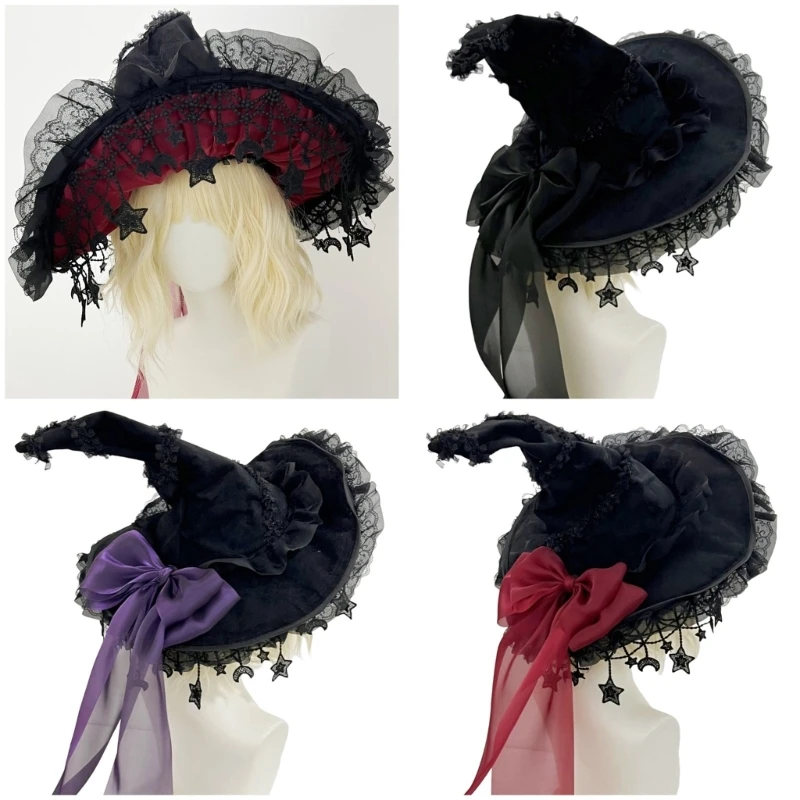 

Halloween Witch Hat Bowknot Designs Wizard Caps Large Black Witches Witch Hat for Halloween Party Decor Cosplay Costume 6XDA