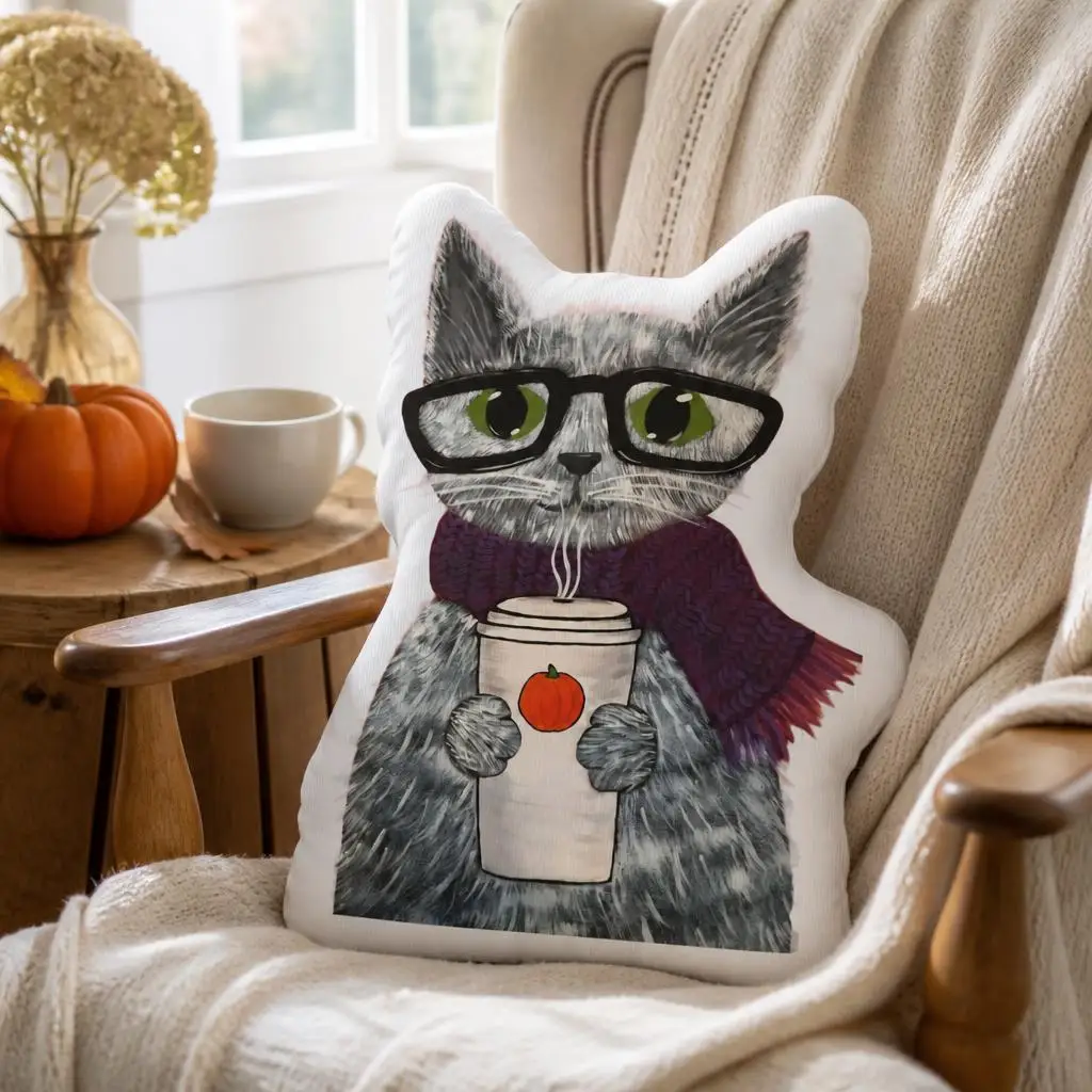 Cozy Autumn Cat Shaped Throw Pillow with Glasses Coffee and Pumpkin Stuffed Cushion for Fall Sofa Decor Gift for Cat Lovers