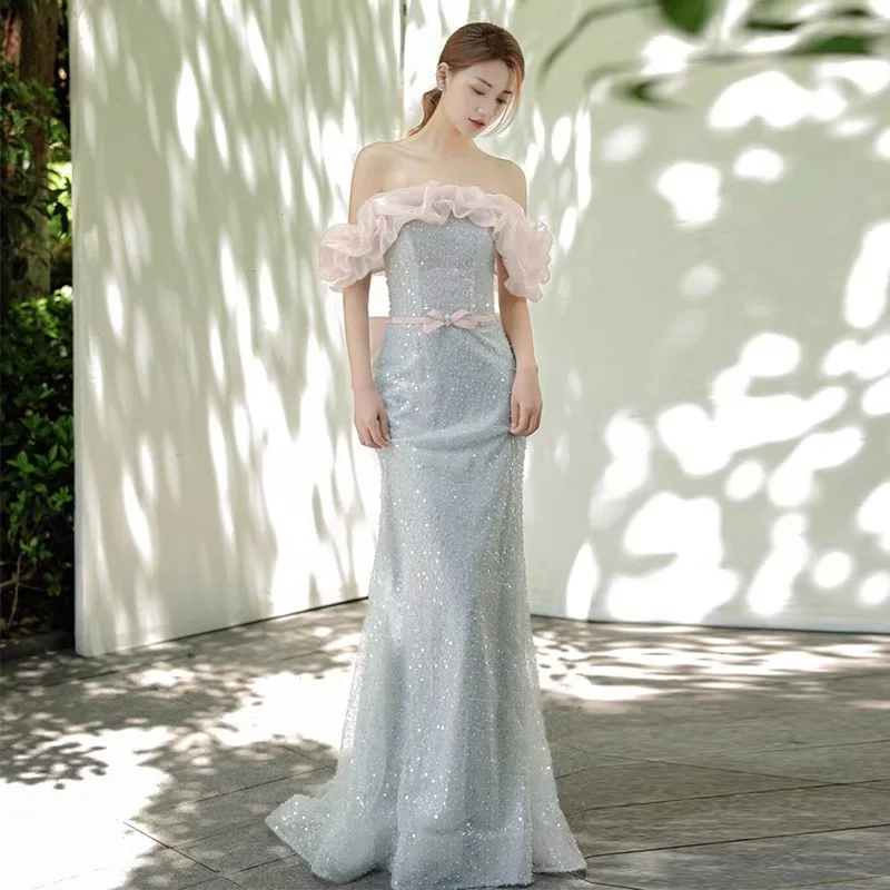 Gorgeous Light Grey Blue Evening Dresses Mermaid Off Shoulder Shining Luxury Beaded Sequins Pink Organza Wedding Party Prom Gown