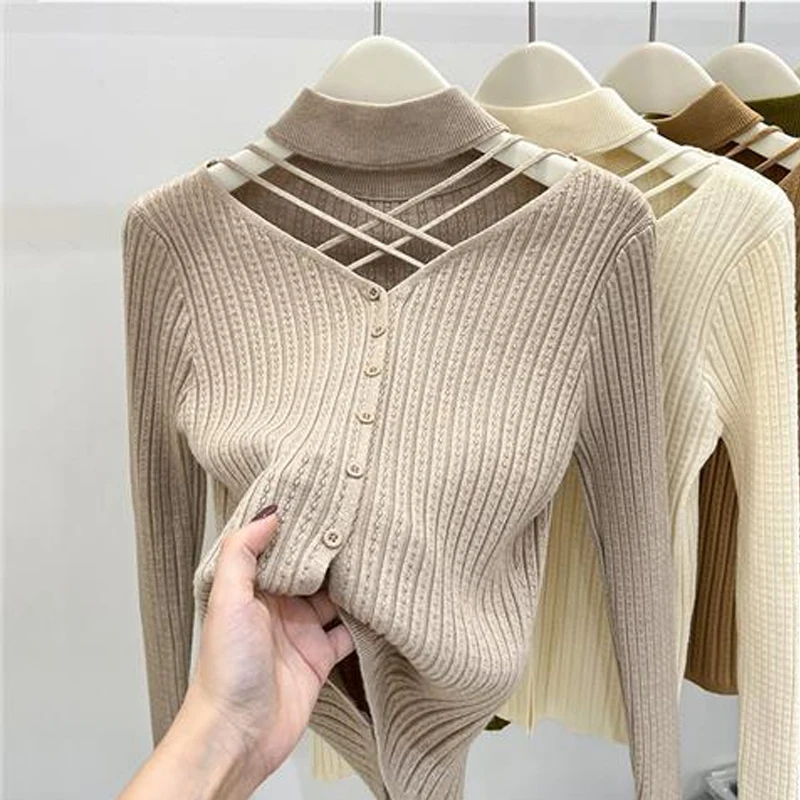 2024 mode Halb Stehkragen Hohl Pullover für frauen Herbst und Winter Neue Einfarbig Gestrickte Unten Strickjacke 31015