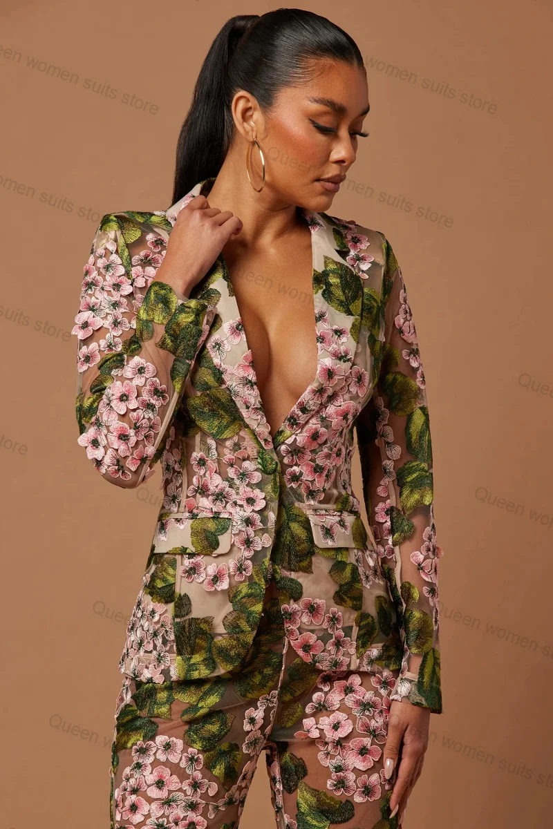 Designer Bloemen Damespak Broek Set 2 Delige Blazer + Broek Formele Office Lady Jasje Feest Prom Dress Luxe Op Maat Gemaakt