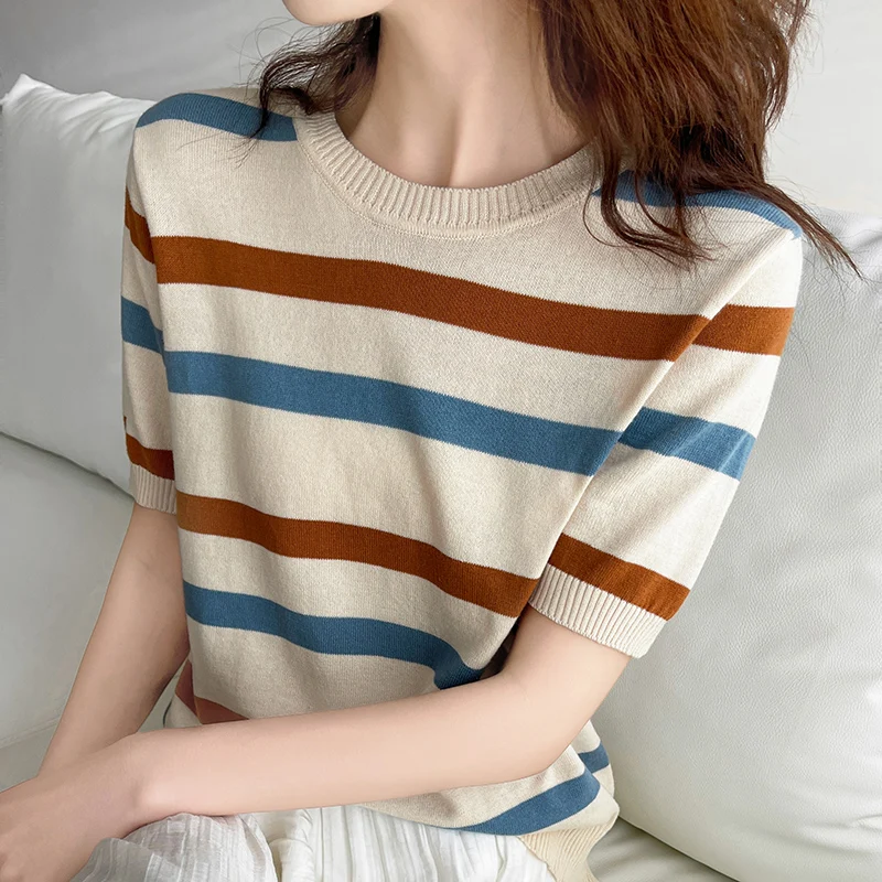 Women\'s T-Shirt Summer 100% Cotton Sweater Short Sleeve Striped Knitted Round Neck Ladies Tops Loose Blouse Pullover Tees