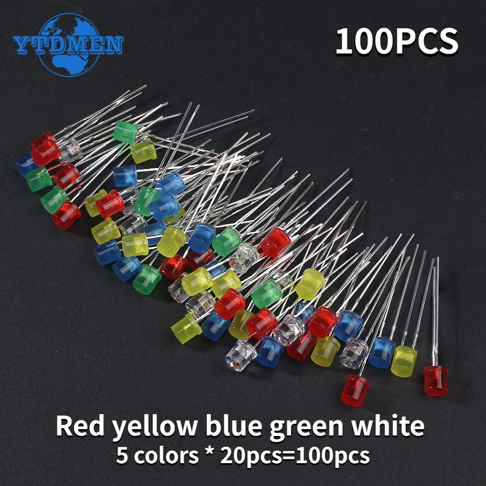 100PCS 5MM LED lighting LEDs Kit Red Yellow Blue Green White LED Diode assortment Package F5 Flat Led Lights Diodes Set