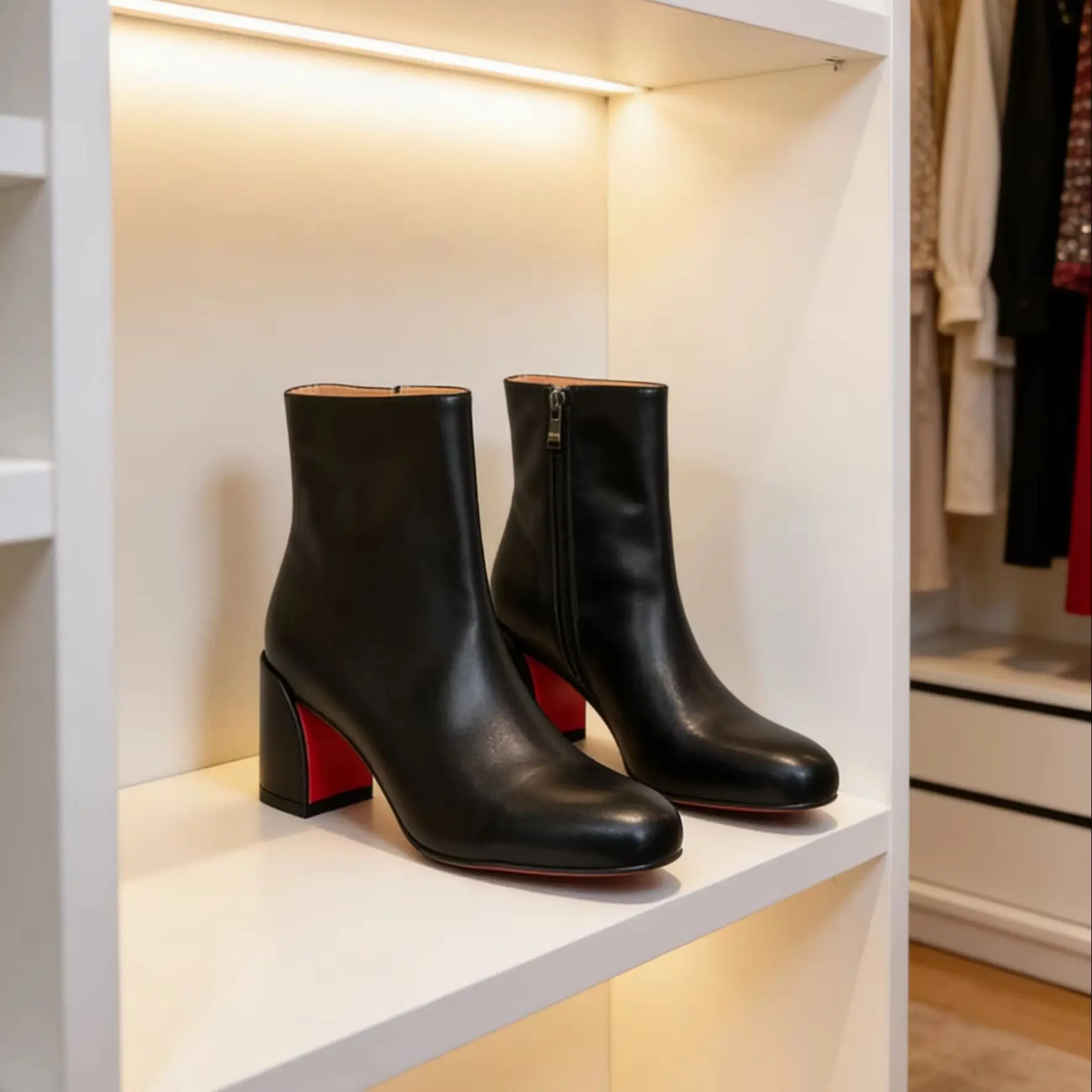 

Black Leather Red Sole Bottom Short Boots For Women DE Chunky 5.5cm Heels Round Toe Back Zipper Botas Female Mujer Classics Lady