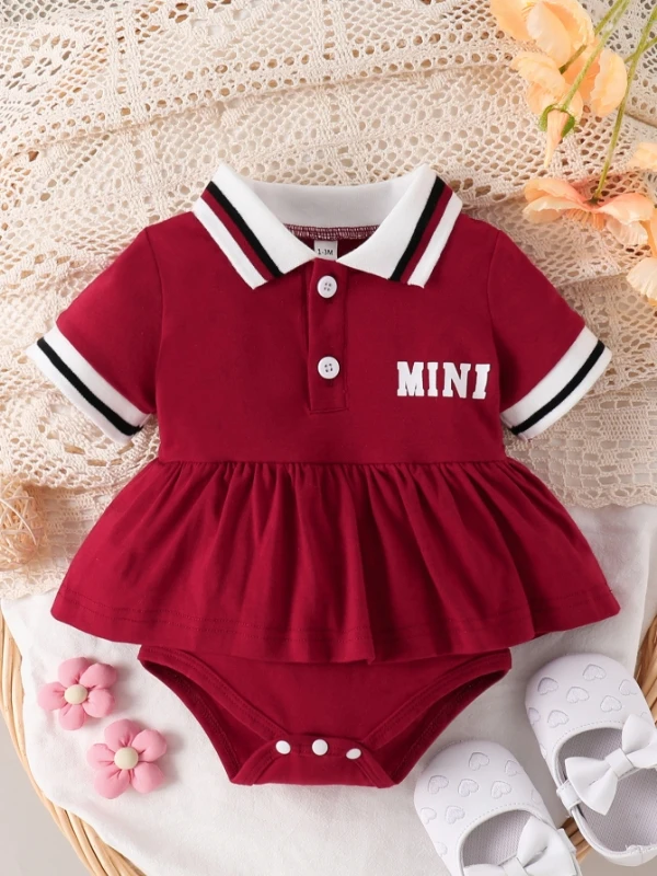 Conjunto de vestido polo vermelho para bebês meninas, vestido de manga curta com estampa de letras "MINI" com babados e body, roupa casual para crianças pequenas