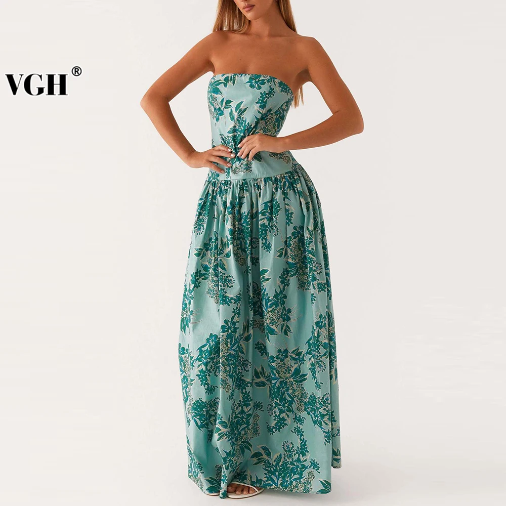 

VGH Vintage Slimming Printing Long Dresses For Women Strapless Sleeveless Backless High Waist Draped Chic Dress Female Fashion