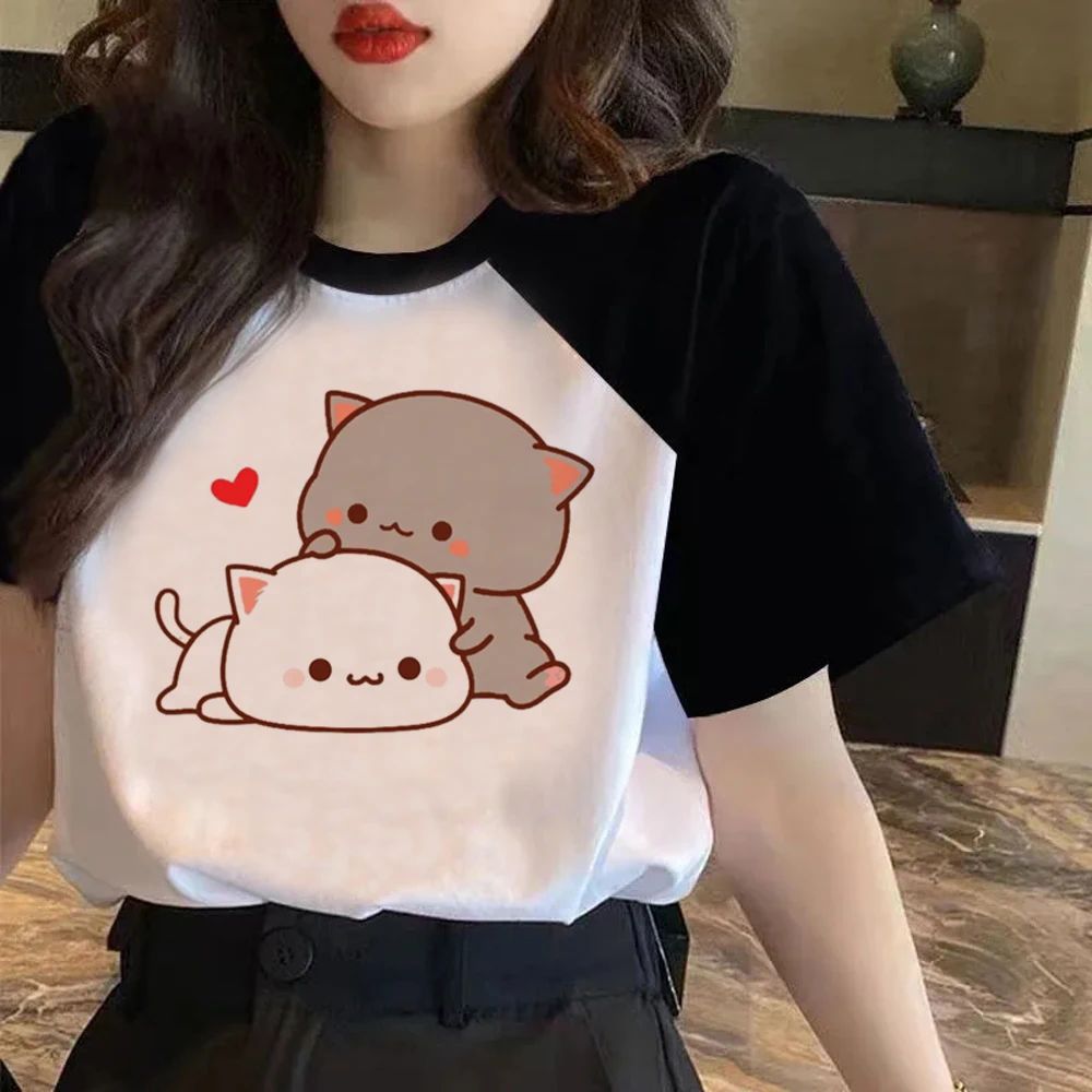 Kawaii Peach and Goma Mochi Cat Love Print T Shirt Women Y2k Clothes Cartoon Funny T-shirt Harajuku Anime Unisex Tshirt Female