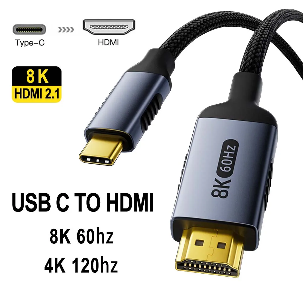 

8K USB C к HDMI 2.1 Кабель 8k@60hz 4K@120hz Тип C HDMI-кабели HDMI-совместимый конвертер-адаптер для ноутбука Thunderbolt 3/4 ТВ