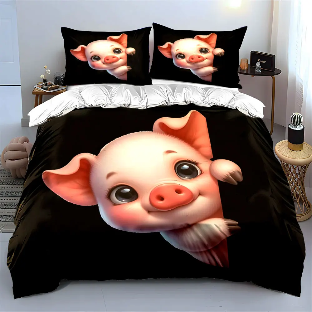 A Cute Pink Cartoon Piggy Print Soft Comfortable Duvet Cover Bedding Set Included 1*Duvet Cover  2*Pillowcases Luxury Gift