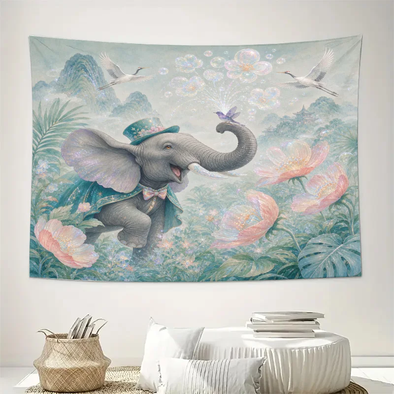 Whimsical Watercolor Elephant Tapestry Wall Decor Boho Floral Fantasy Nature Art Hanging for Bedroom Living Room