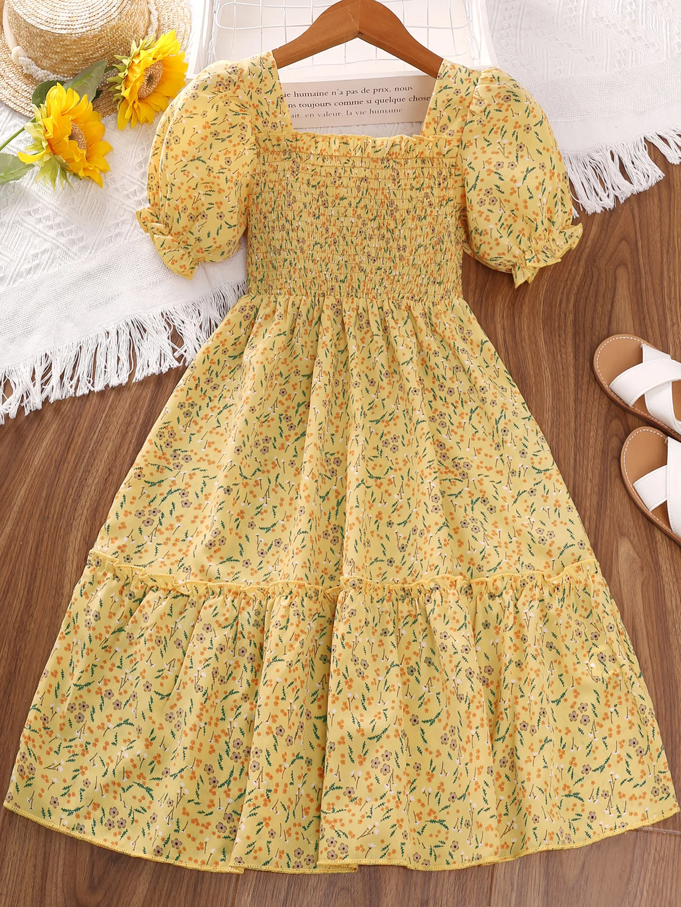 Girl dress Square neck Bubble sleeve princess skirt sweet floral birthday party dress children's clothing