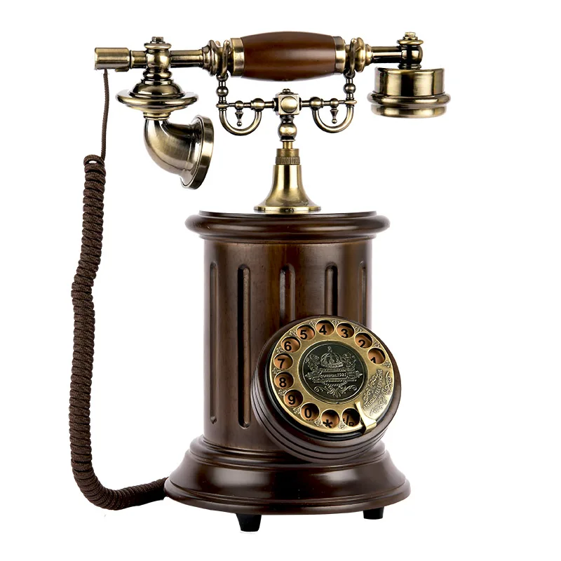 Antique Telephone Wooden Corded Vintage Telephone Decorative Landline Classic Rotary Dial with Hanging Headset for Home Hotel