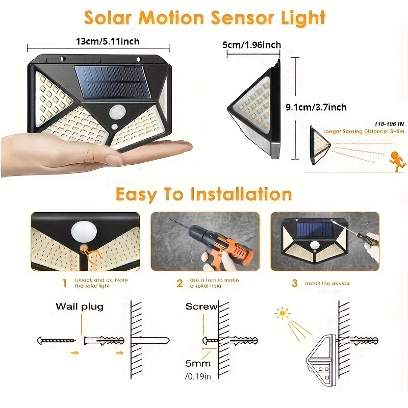 100LED solar wall light outdoor human body sensing courtyard light waterproof wiring free staircase lighting