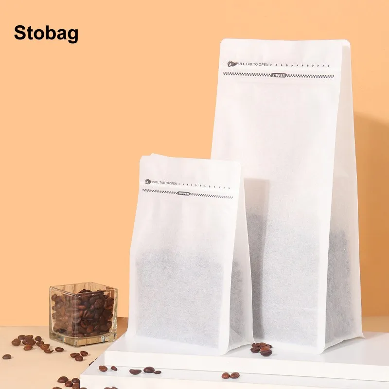 StoBag Custom White Cotton Paper Coffee Beans Packaging Bag with Valve Sealed for Powder Nuts Storage Stand Up Reusable Pouch