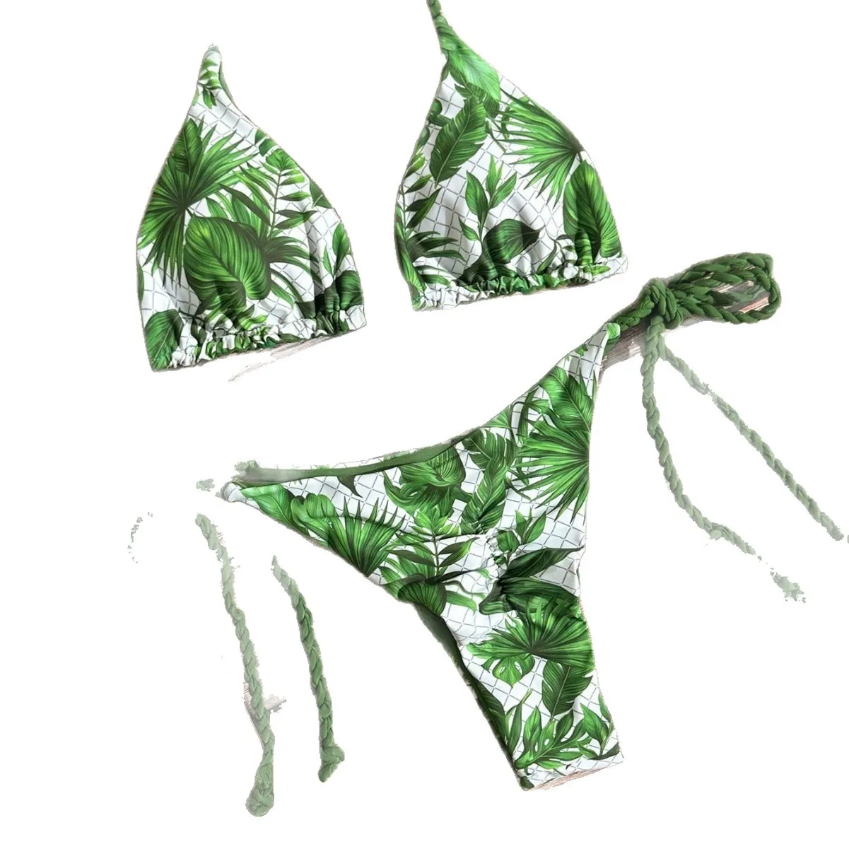 Women Tropical Leaf Print Halter Bikini Set 2Pcs Adjustable Tie Side Triangle Swimwear Summer Beach Bathing Suit
