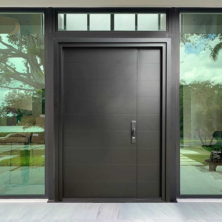 American Modern Matt Black Unequal Double Door Design Prehung Villa Main Entrance Entry Security Front Steel Door