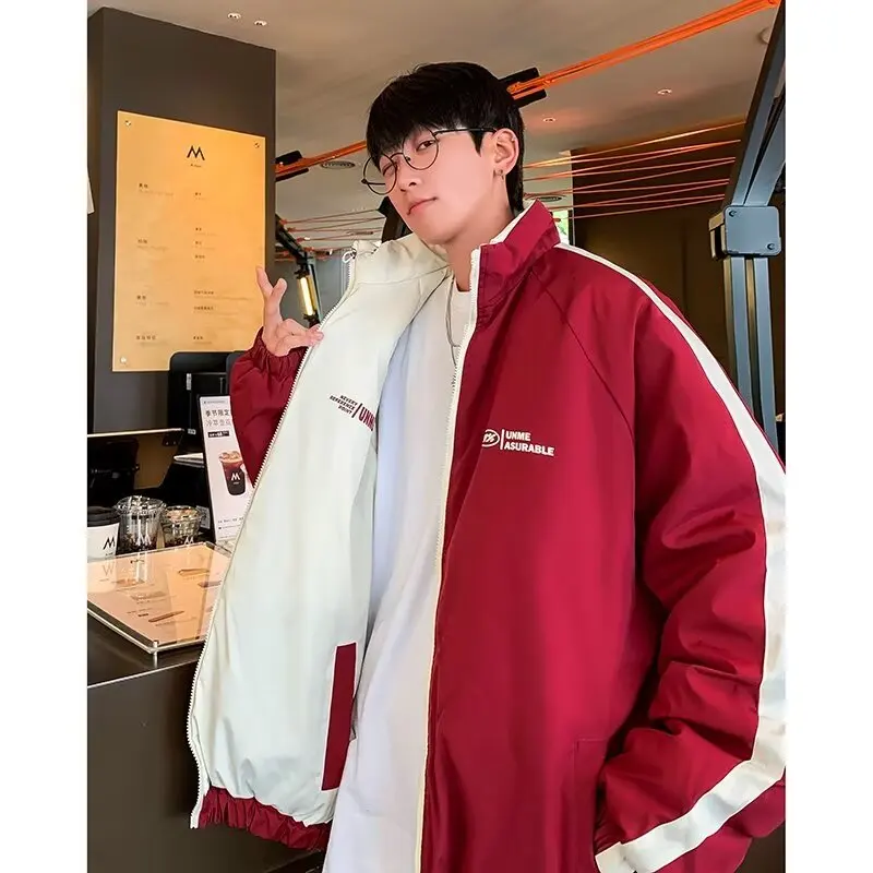 

Двусторонняя утепленная куртка-пуховик в американском стиле с воротником-стойкой для мужчин, зимнее хип-хоп пальто для пар, молодежное повседневное хлопковое пальто