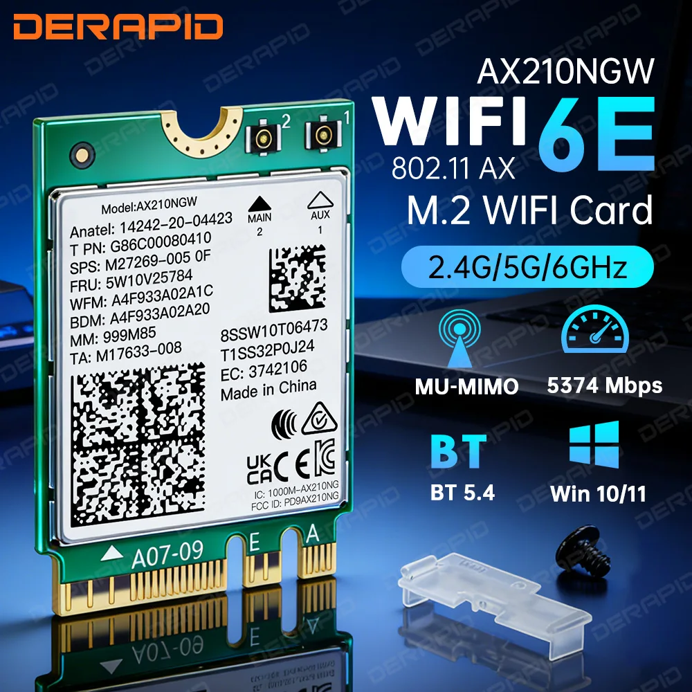

Беспроводная карта WiFi 6E AX210NGW M.2 NGFF, 5400 Мбит/с, Bluetooth 5.4, трехдиапазонная, 6 ГГц, для ПК, настольных компьютеров, ноутбуков, Win11, Win10-64Bit