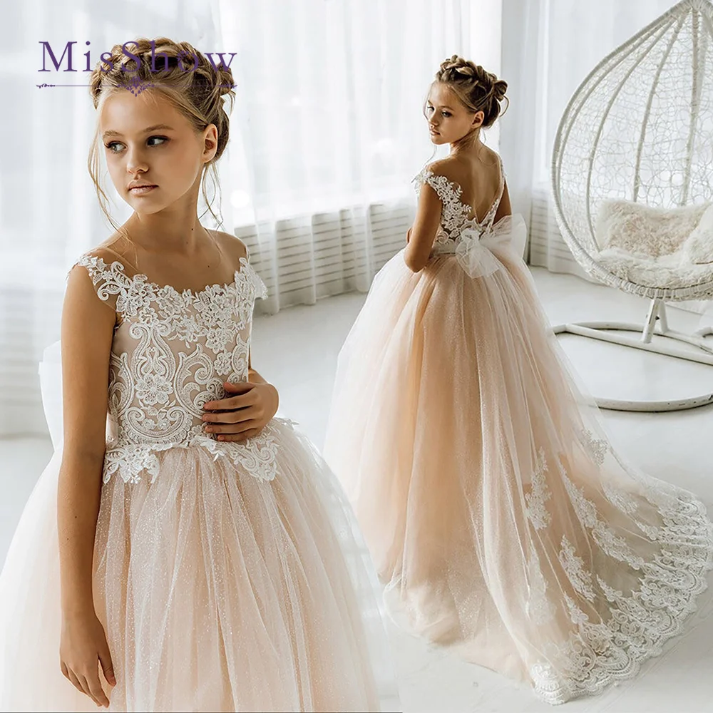 MisShow Girl Dress Wedding 2024 Tulle di pizzo Backless Flower Girl Abiti Vintage Junior damigella d'onore Ball Gown Prima Comunione