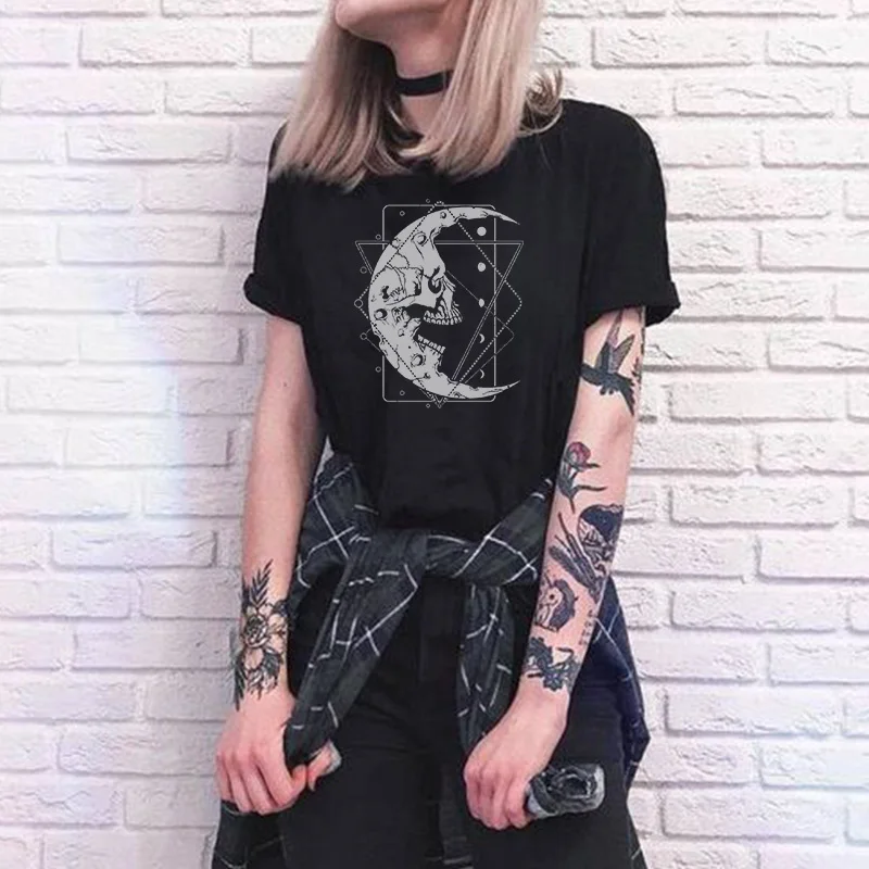 Rose Moth Moon Chic vintage Mujer Camisetas White Top Gothic T Shirts Aesthetics Graphic Short Sleeve t-shirt Polyester T-shirt