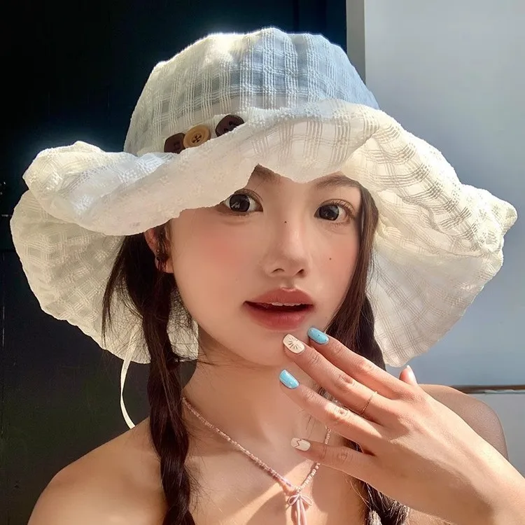 Frauen Neue Sonnenhüte Koreanischen Stil Karierten Knopf Plissee Fischer Hut Dünne Atmungsaktive Strand Sonnenhut Frühling Sommer Nette kappe