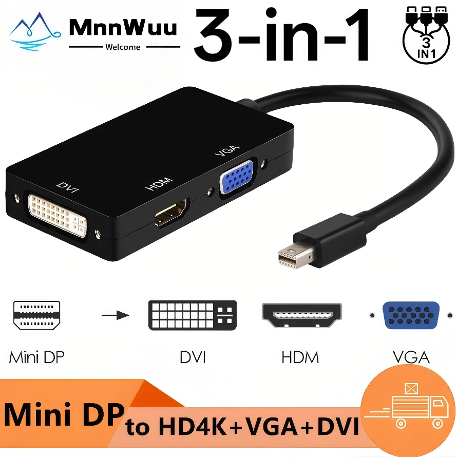 Mini DP to HDMI-compatible VGA DVI Adapter 3-IN-1 Thunderbolt2 Mini DP to VGA  DVI HDMI-compatible Converter for Macs Laptop PC