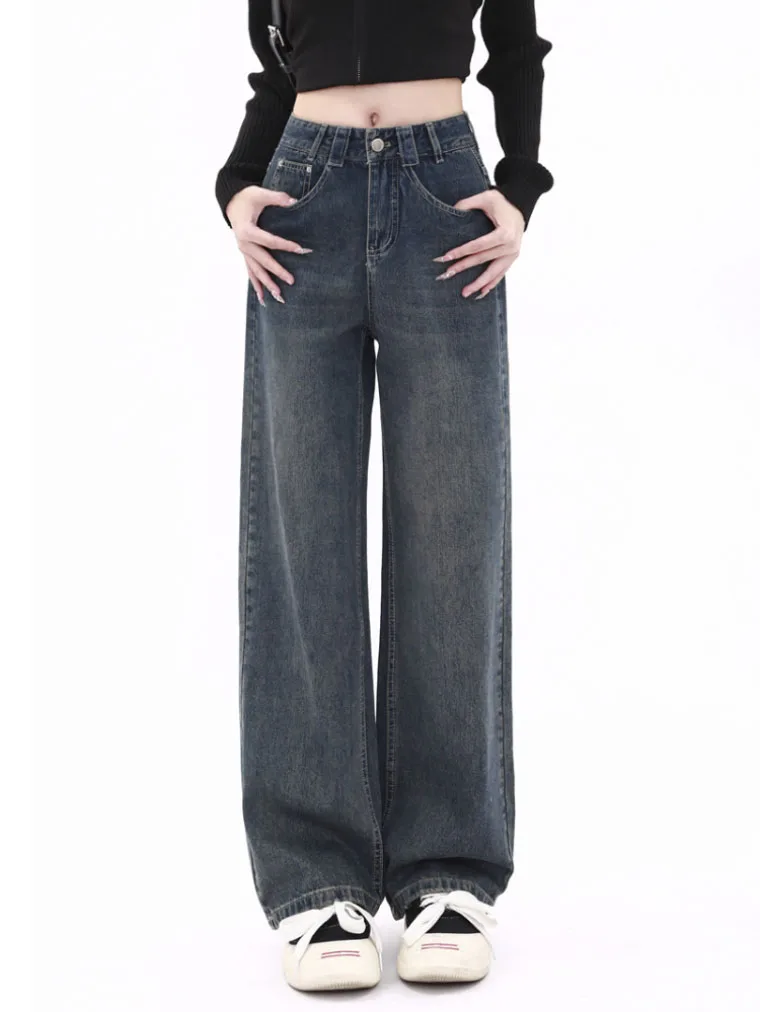

Blue Loose Straight-leg Women's Jeans Korean-style High-waisted Vintage Streetwear Basic Harajuku Denim Pants Cozy Mom Trousers