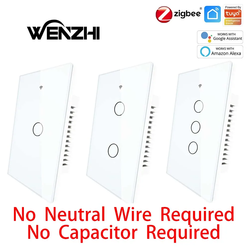 ZigBee Wall Touch Switch US White Light No Neutral Capacitor Smart Life/Tuya App Remote Control Alexa Google Home 2/3 Way Multi