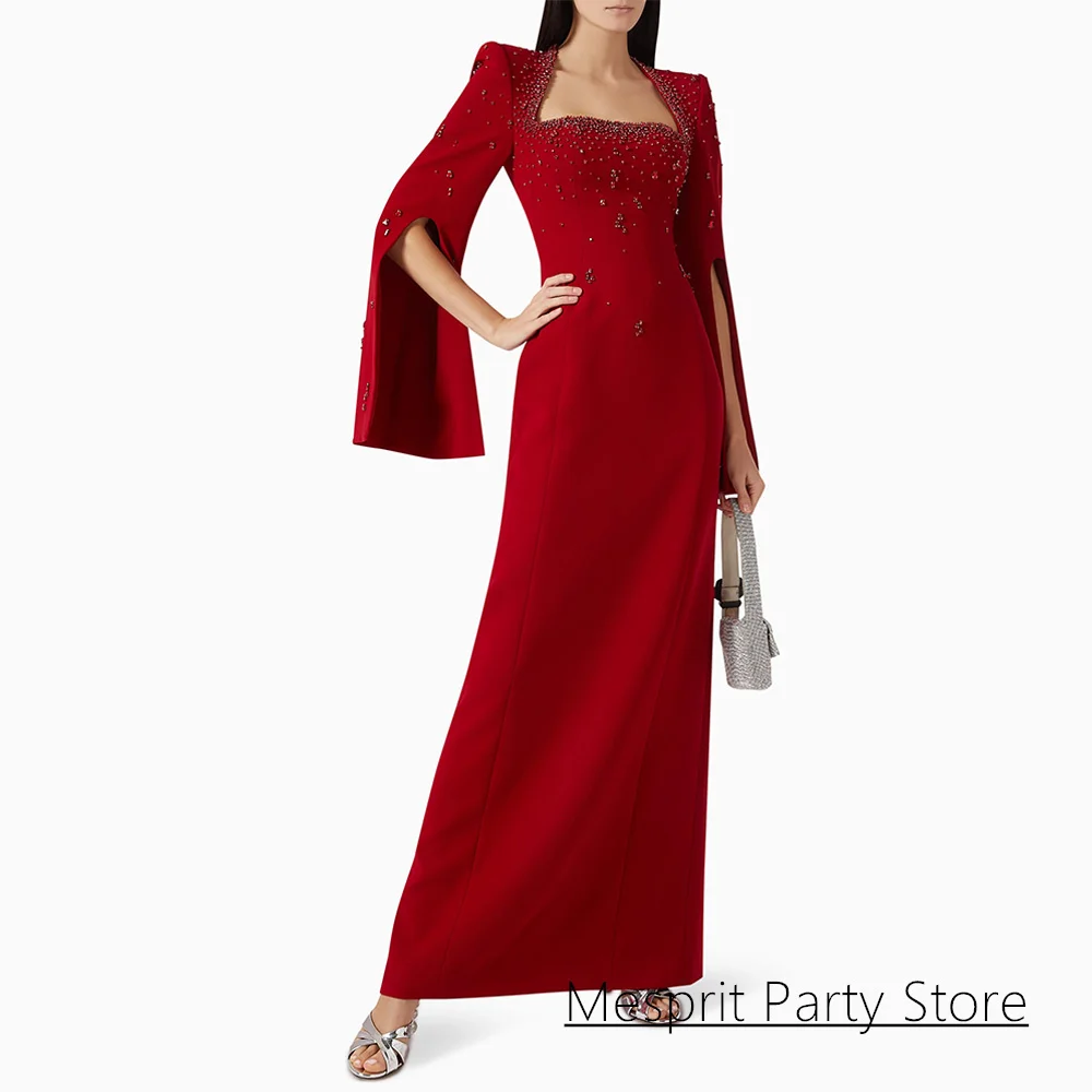 Saudi Arabic Evening Dress Customized Square Neck Full Sleeves Beading Rhinestone Arab Prom Gown Wedding Party Dresses image 3