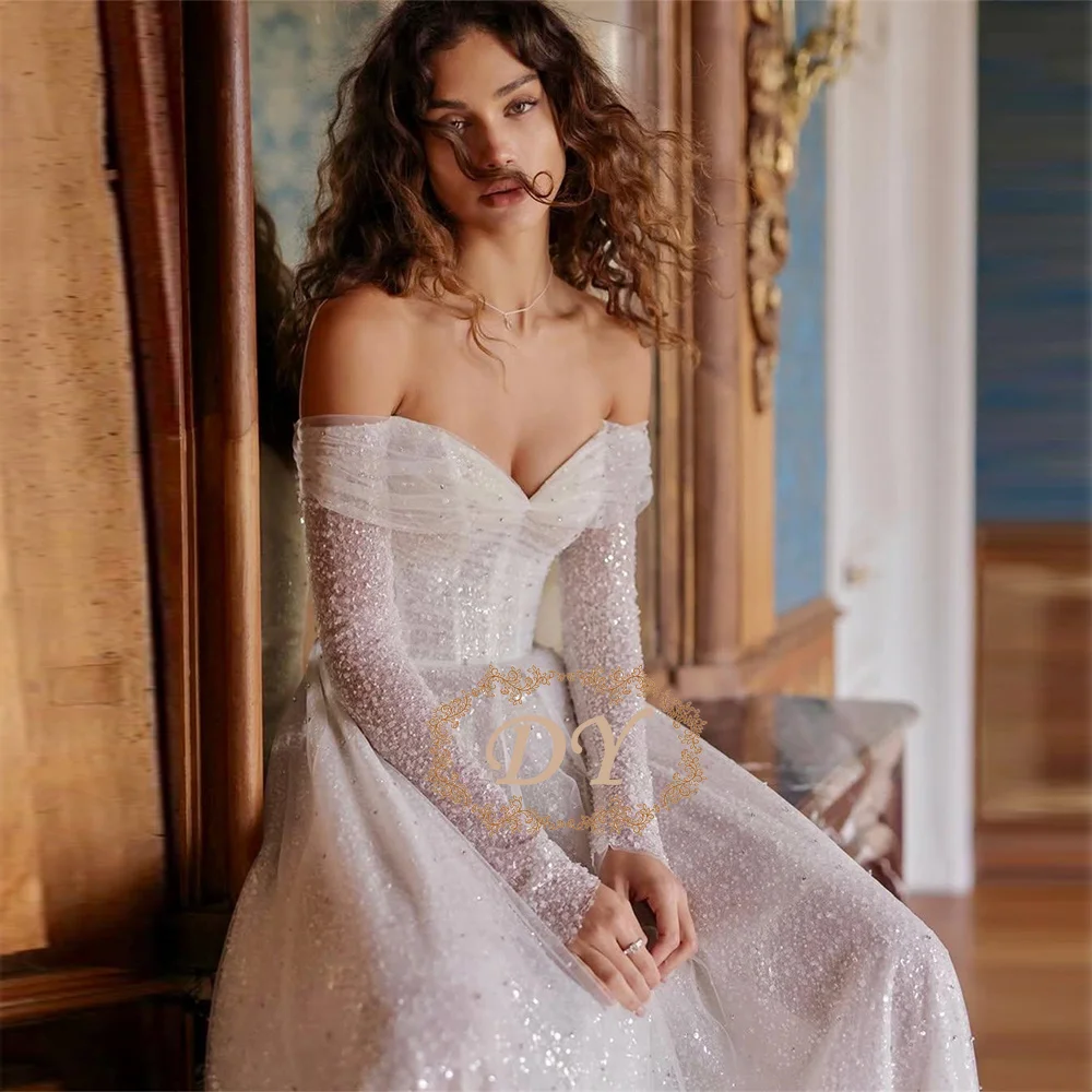 

DY Customized Stunning Off the Shoulder Wedding Dress Long Sleeves with Sparkling Sequins Bling Bling Bridal Dress for Dazzling