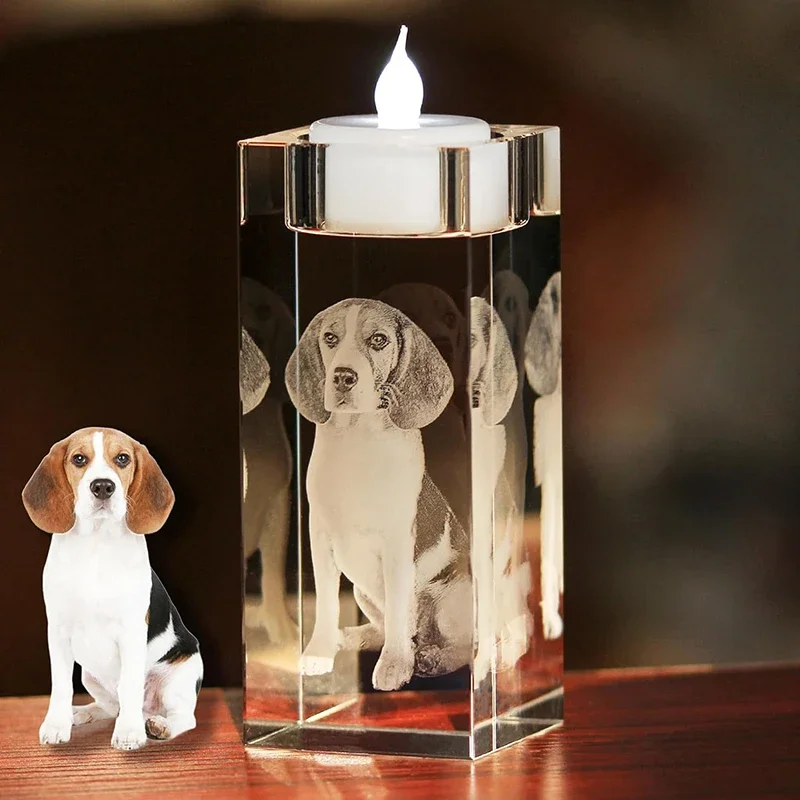 Custom 3D Crystal Photo Personalized Glass Candleholder Memorial Gifts For Mother Mom Dad Beloved Ones Pets Dogs Birthday Gifts