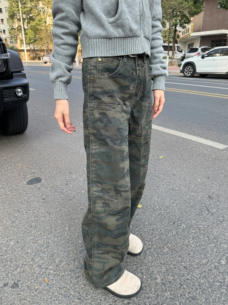 

Американские ретро-брюки в камуфляжном стиле для мужчин, весенне-осенние, в стиле High Street Vibe, прямые узкие джинсы, расклешенные брюки