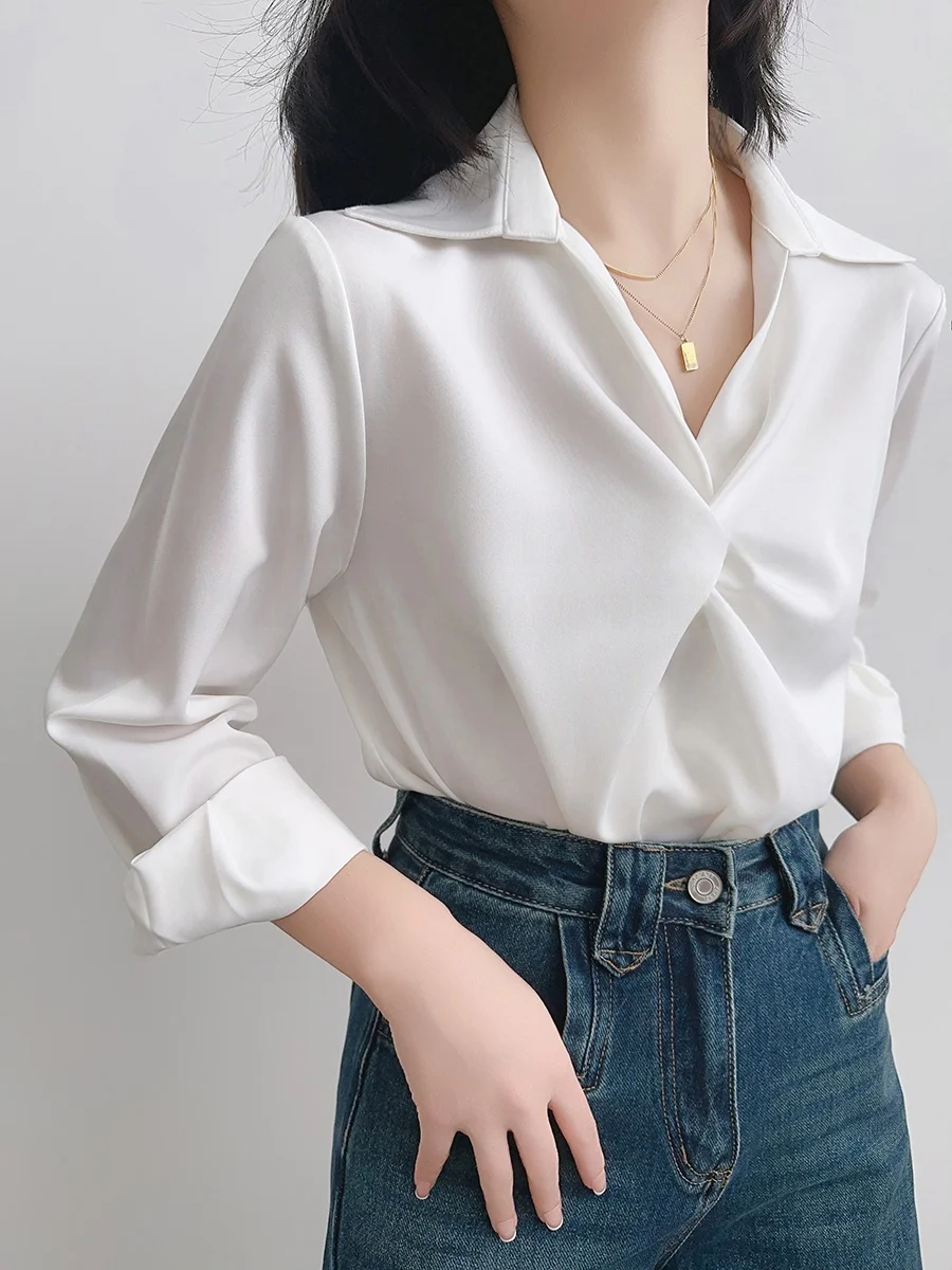 

Ele Satin White irt for Women Commute Profional Interview Formal Top High-End Feeling Straight Cut Long Sve V-Ne
