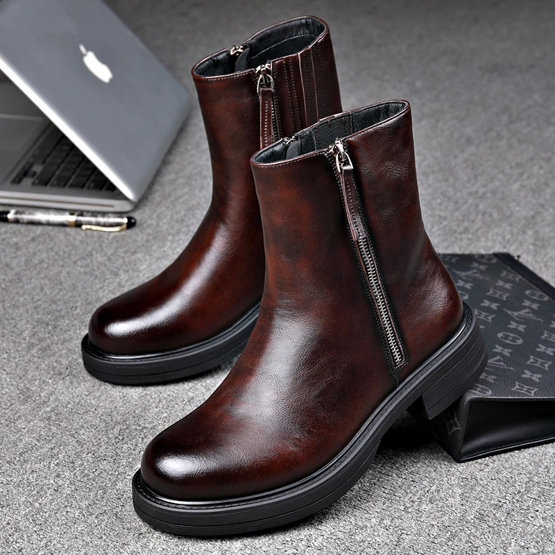 Chelsea Boots Mens Wool One Piece Plush Work Suit Boots Thick Sole Genuine Leather Vintage Ankle Boots Style Shoes Men Chelsea