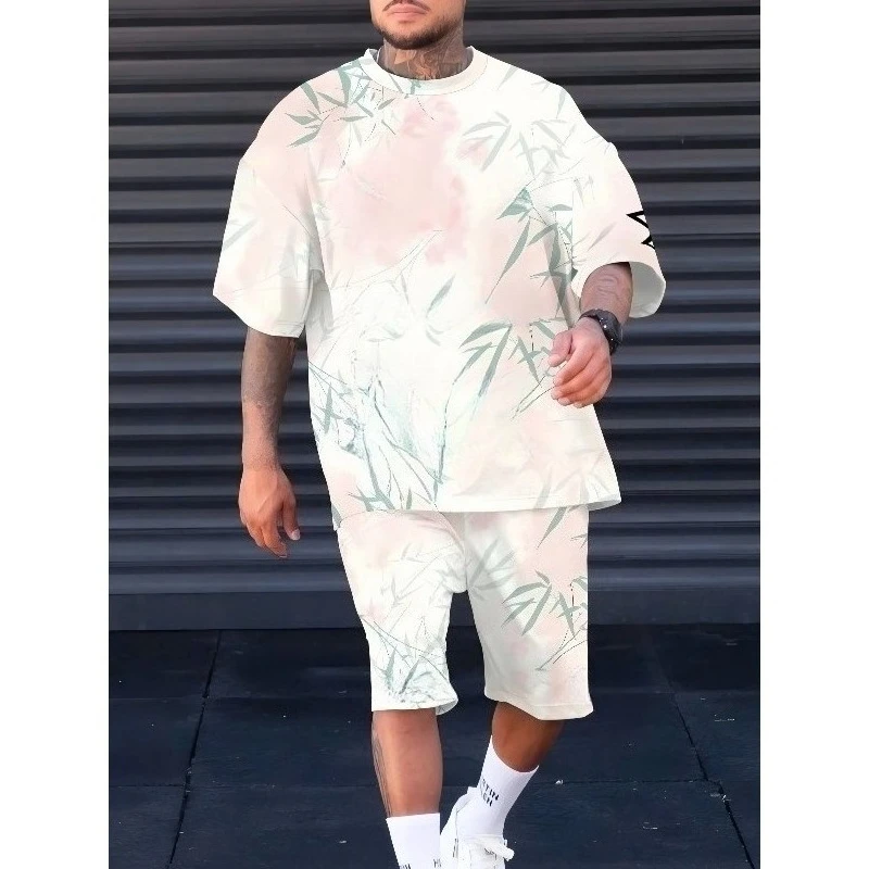 2025 Summer New Men's Sportswear 3D Printed Casual Daily Sports Round Neck Polyester Fiber Short Sleeve Shorts Two Piece Set