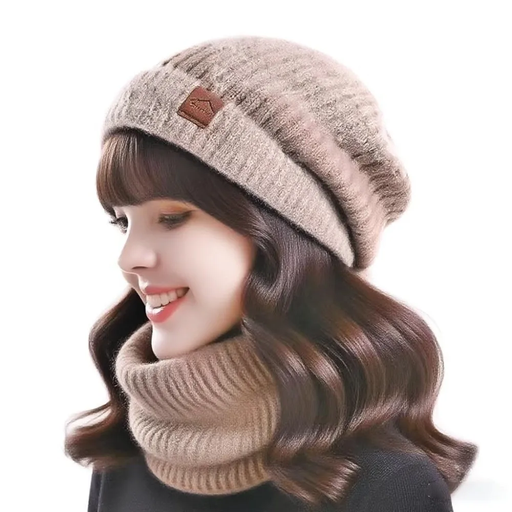 Gorro de invierno suave, conjunto de bufanda, gorro de punto térmico grueso de diseño elegante, protección térmica, gorro de lana cálido con forro polar
