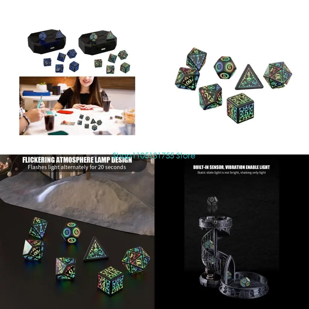 

K0EF 7 Pcs Polyhedral Dices Rechargable LED Dices Role Playing Game Accessories