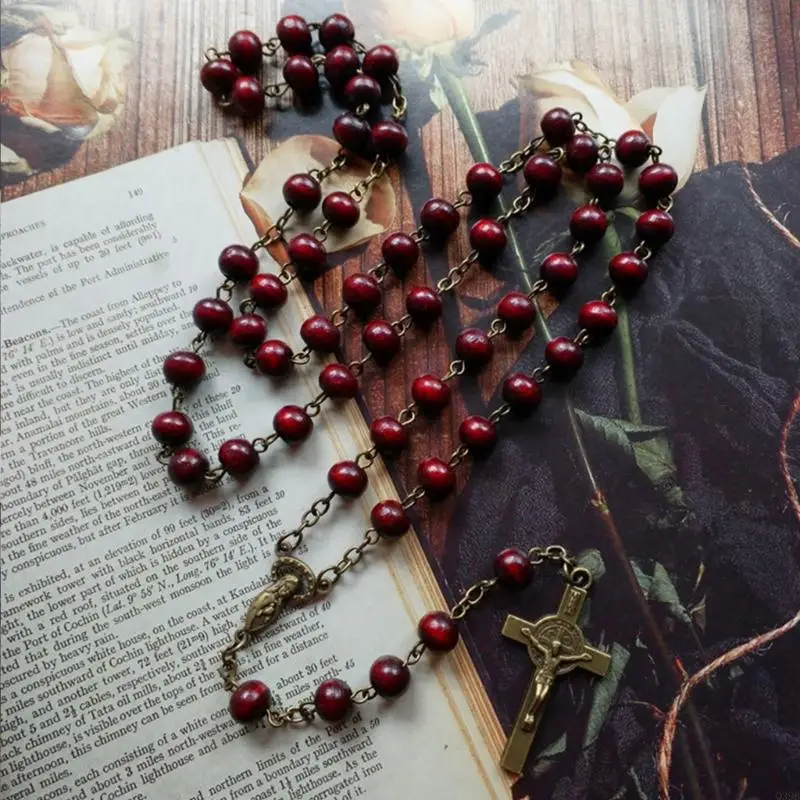 Q39B cuentas madera natural para collar colgante cruzado collar rosario cristiano tejido a mano Jesús judío religioso
